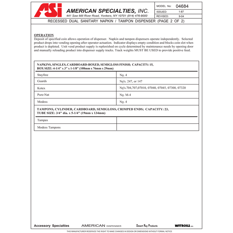 ASI 04684-9-25 Commercial Restroom Sanitary Napkin/ Tampon Dispenser, 25 Cents, Surface-Mounted, Stainless Steel