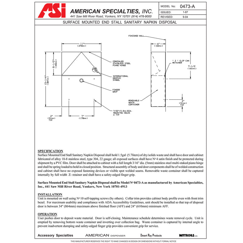 ASI 0473-A Commercial Restroom Sanitary Napkin Disposal, Surface-Mounted, Stainless Steel