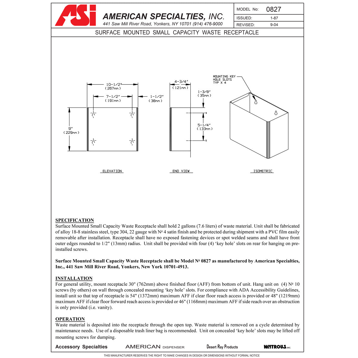 ASI 0827 Commercial Restroom Waste Receptacle, 2 Gallon, Surface-Mounted, 10-1/2