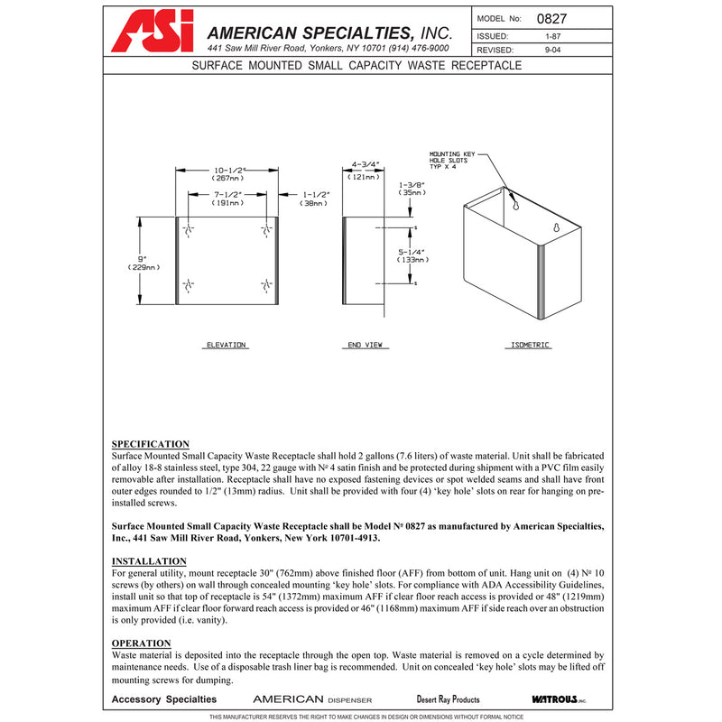 ASI 0827 Commercial Restroom Waste Receptacle, 2 Gallon, Surface-Mounted, 10-1/2" W x 9" H, 4-3/4" D, Stainless Steel
