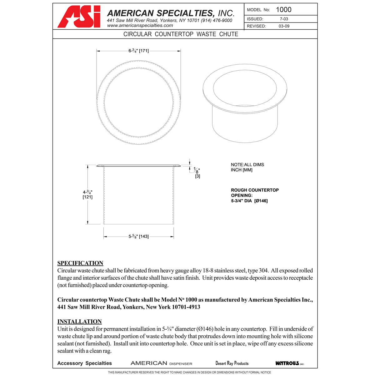 ASI 1000 Commercial Restroom Circular Countertop Waste Chute, 6