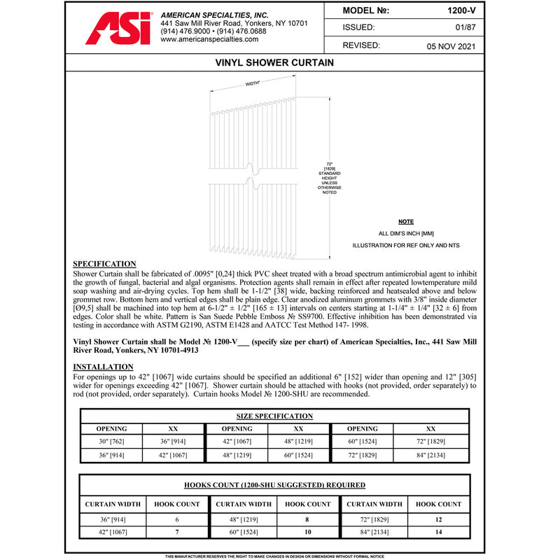 ASI 1200-V84 Commercial Shower Curtain, 84"Width x 72"Height, Vinyl