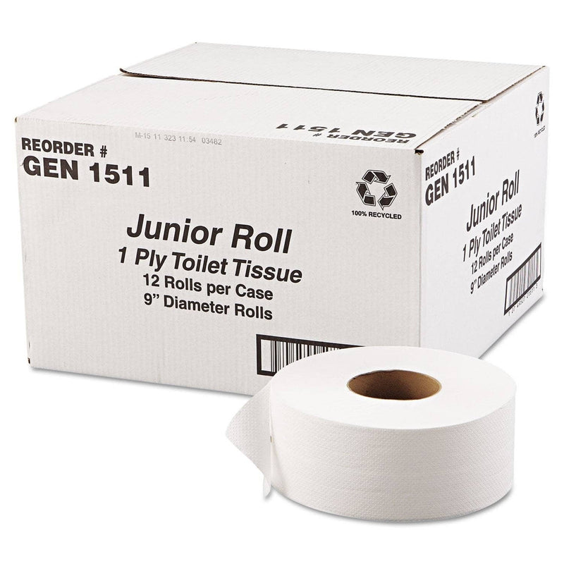 GEN Jrt Jumbo Bath Tissue, Septic Safe, 1-Ply, White, 9" Dia, 12 Rolls/Carton - GEN1511 - TotalRestroom.com