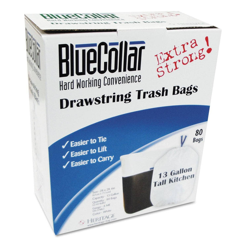 BlueCollar Drawstring Trash Bags, 13 Gal, 0.8 Mil, 24" X 28", White, 80/Box - HERN4828EWRC1 - TotalRestroom.com