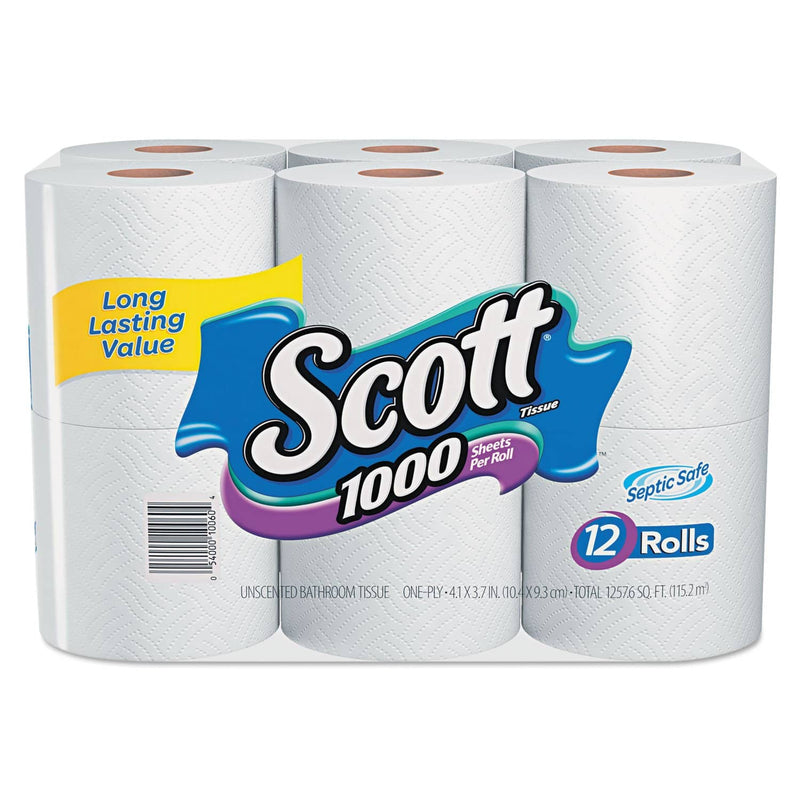 Scott Toilet Paper, Septic Safe, 1-Ply, White, 1000 Sheets/Roll, 12 Rolls/Pack, 4 Pack/Carton - KCC10060 - TotalRestroom.com