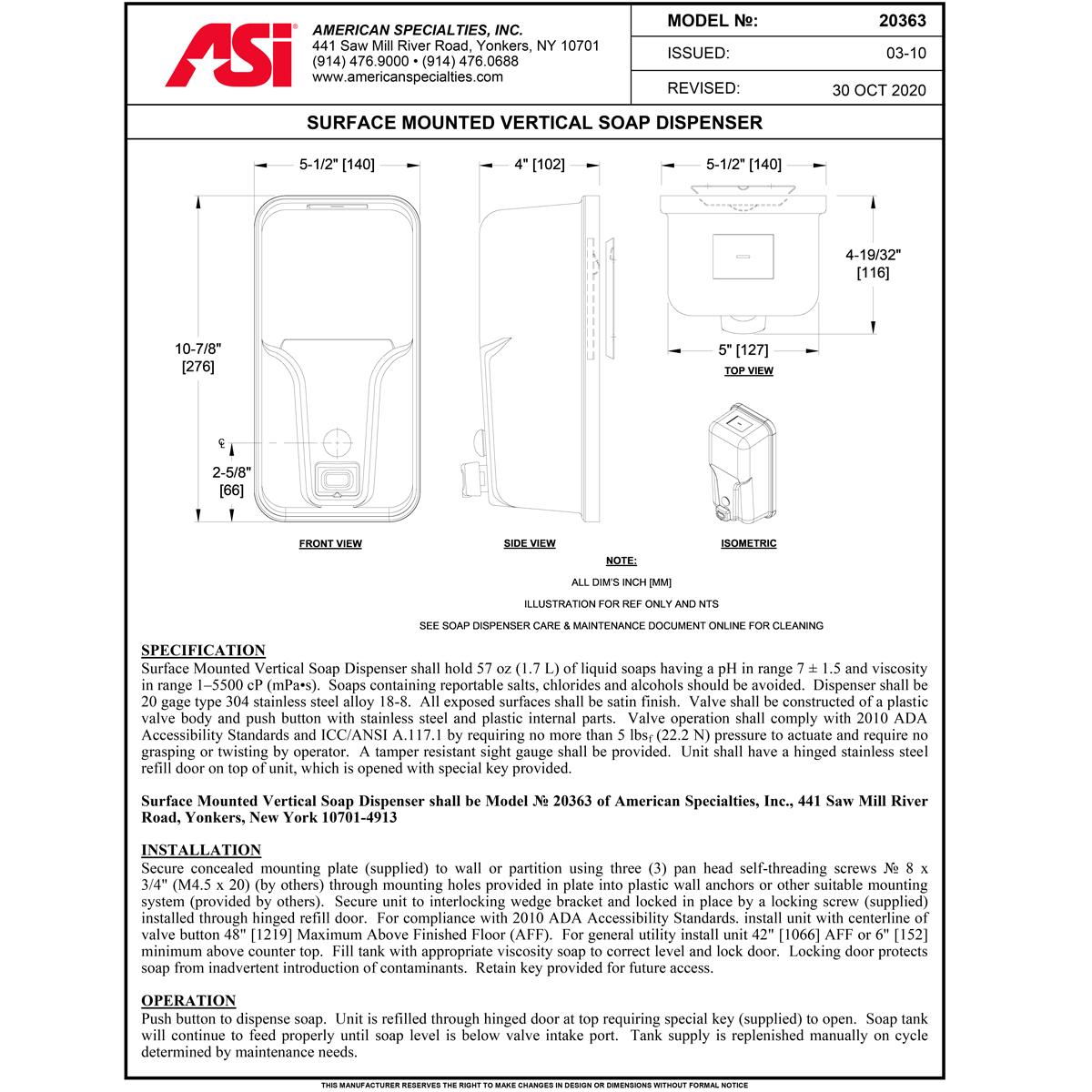 ASI 20363 Commercial Liquid Soap Dispenser, Manual-Push, Stainless Steel - 57 Oz