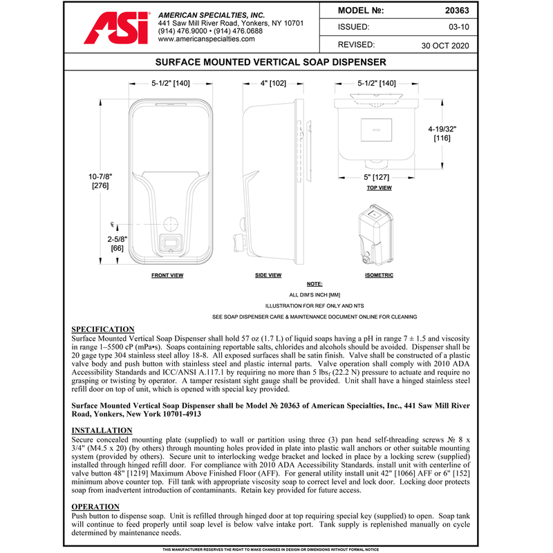 ASI 20363 Commercial Liquid Soap Dispenser, Manual-Push, Stainless Steel - 33.8 Oz