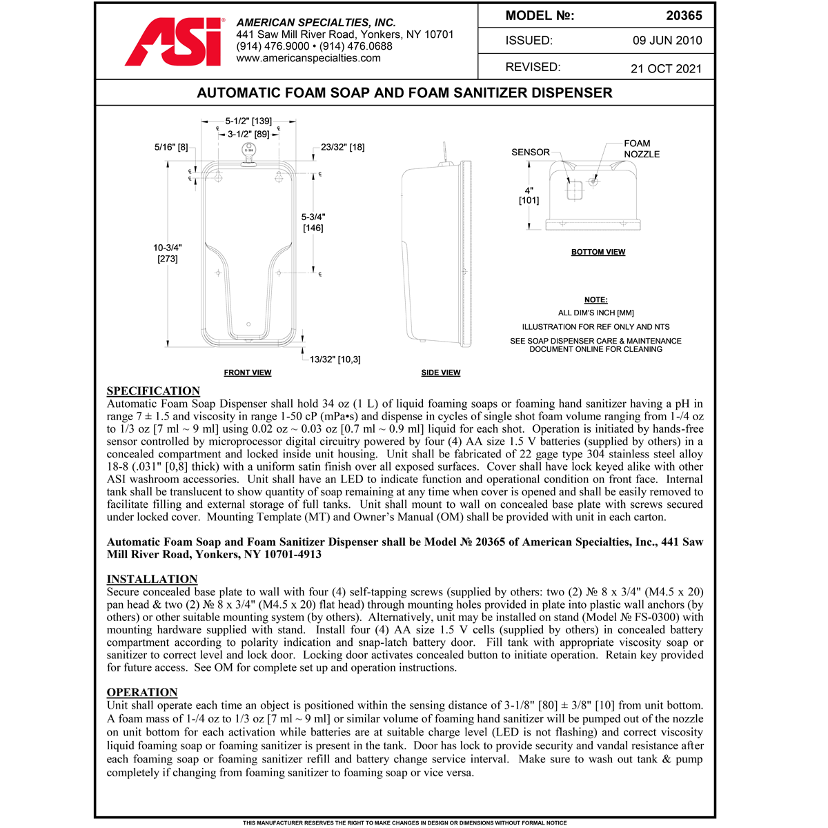 ASI 20365 Commercial Foam Soap Dispenser, Roval-Surface-Mounted, Touch-Free, Stainless Steel - 33.8 Oz