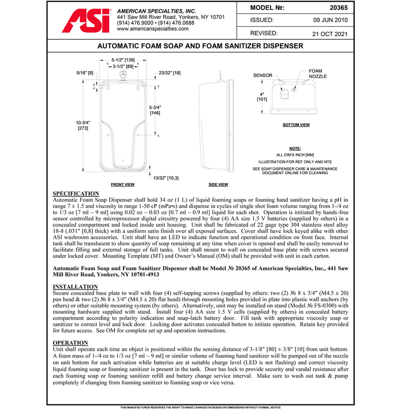 ASI 20365 Commercial Liquid Soap Dispenser, Roval-Surface-Mounted, Touch-Free, Stainless Steel - 33.8 Oz