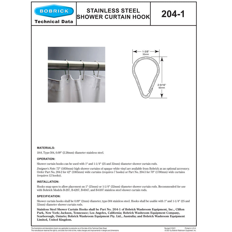 Bobrick B-204-1 Commercial Shower Curtain Hook, Stainless Steel (QTY 1)