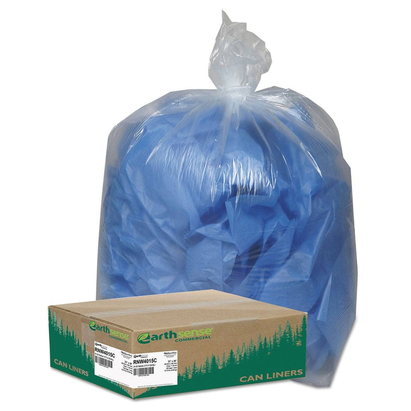 Earthsense Linear Low Density Clear Recycled Can Liners, 33 Gal, 1.25 Mil, 33" X 39", Clear, 100/Carton - WBIRNW4015C - TotalRestroom.com