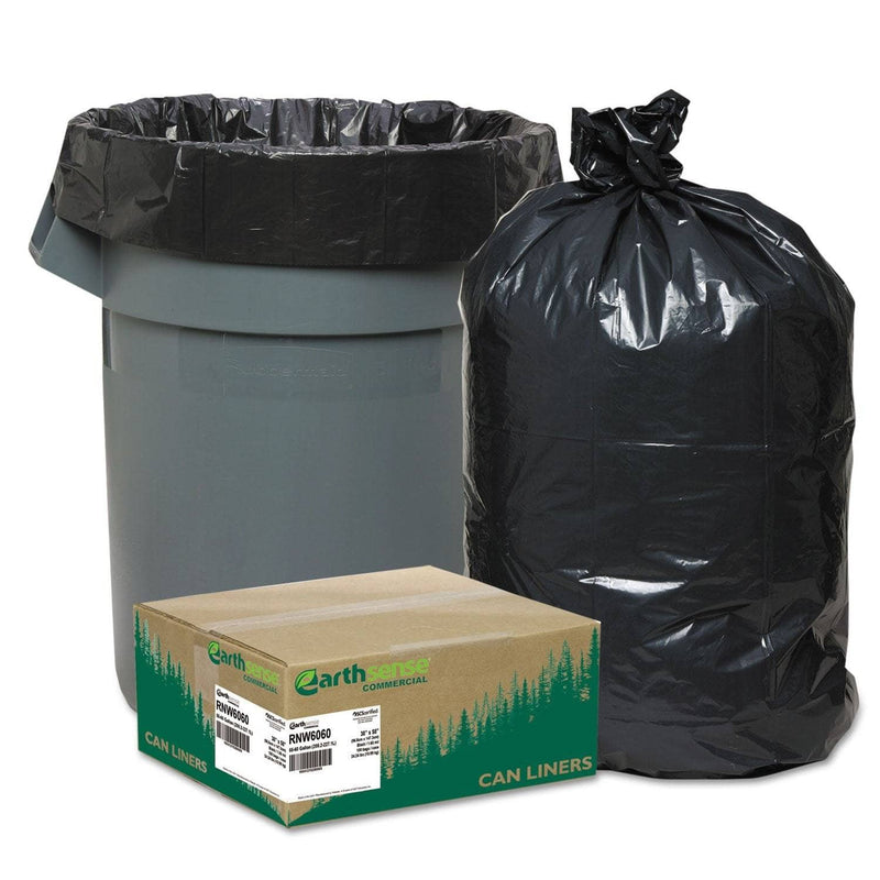 Earthsense Linear Low Density Recycled Can Liners, 60 Gal, 1.65 Mil, 38" X 58", Black, 100/Carton - WBIRNW6060 - TotalRestroom.com