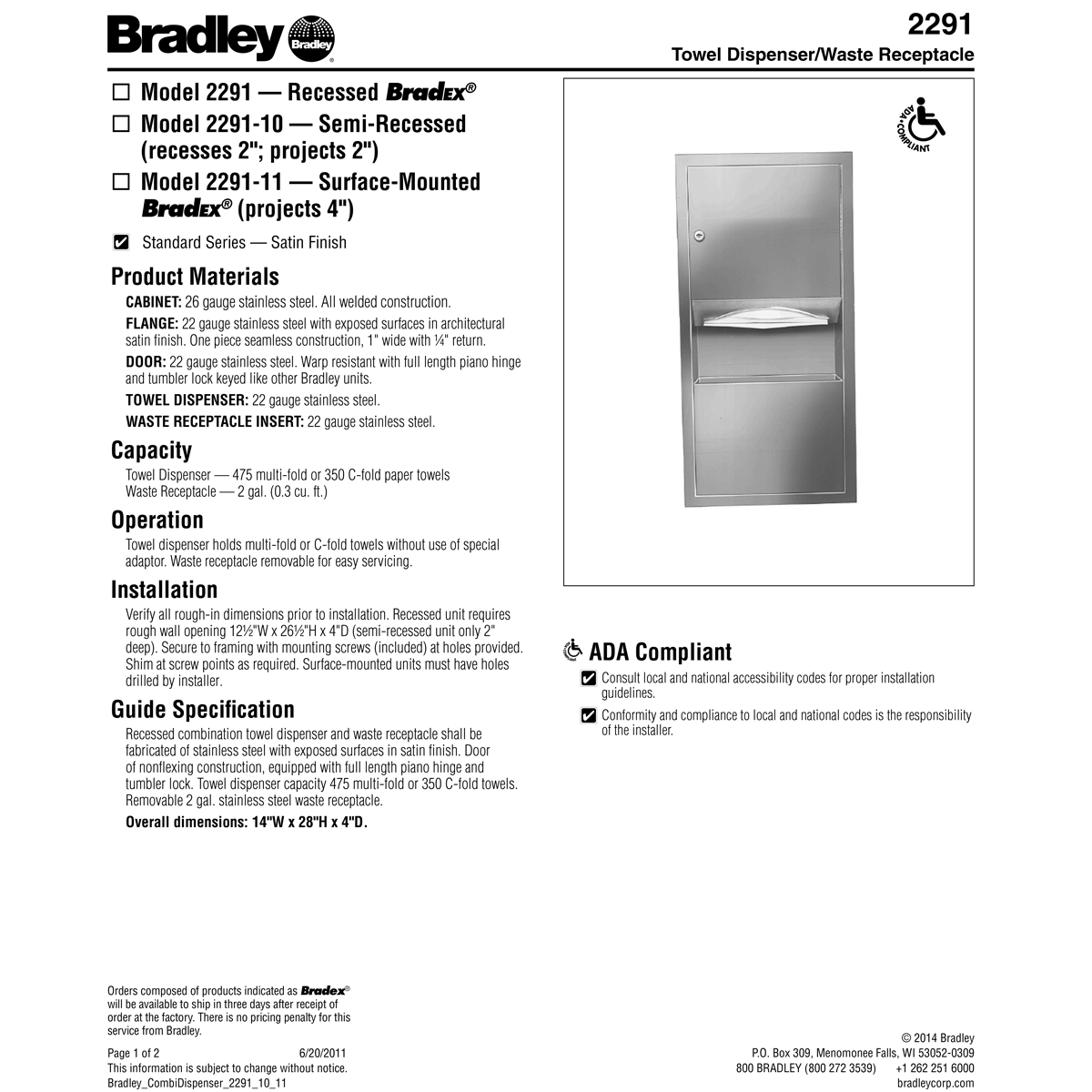 Bradley 2291-00 Combination Towel Dispenser/Waste Receptacle, Recessed-Mounted, Stainless Steel