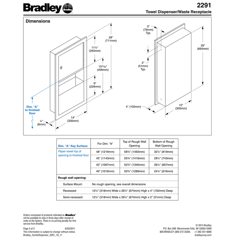 Bradley 2291-11 Combination Towel Dispenser/Waste Receptacle, Surface-Mounted, Stainless Steel