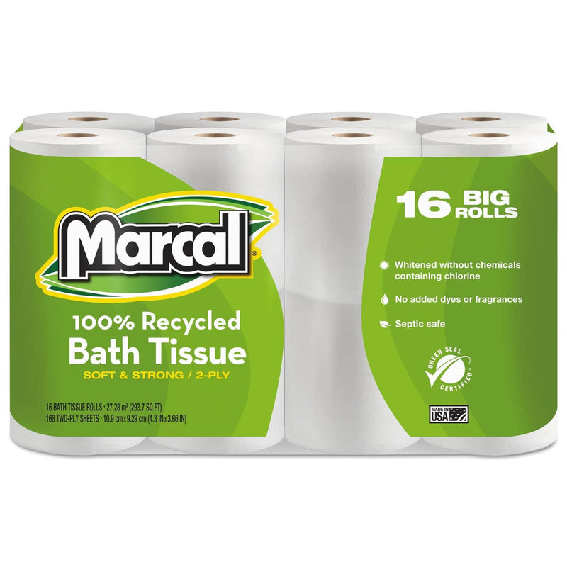 Marcal 100% Recycled Two-Ply Bath Tissue, Septic Safe, 2-Ply, White, 168 Sheets/Roll, 16 Rolls/Pack - MRC1646616PK - TotalRestroom.com