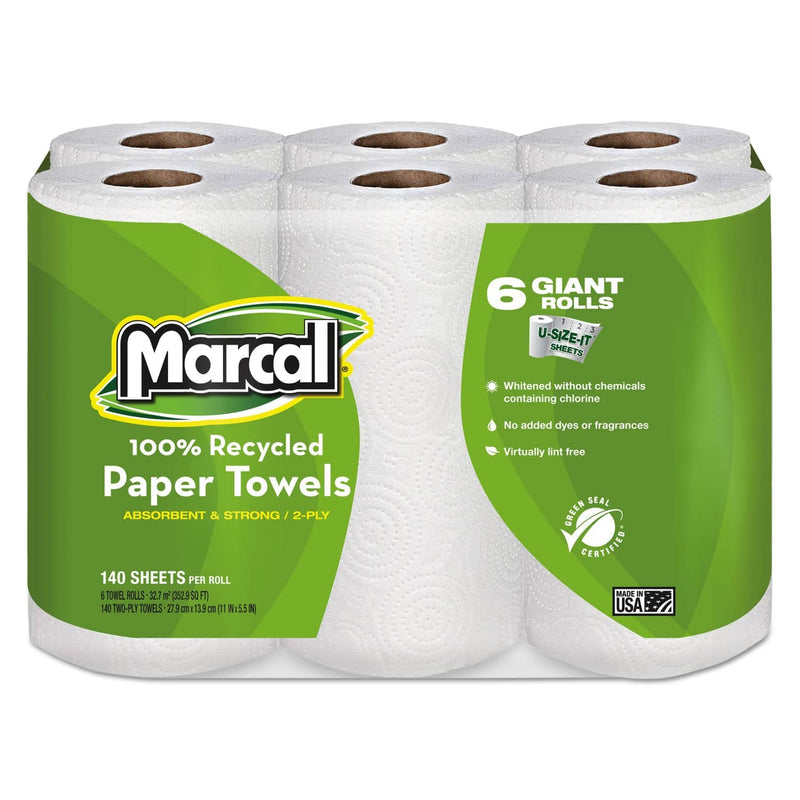 Marcal 100% Recycled Roll Towels, 2-Ply, 5 1/2 X 11, 140/Roll, 6 Rolls/Pack - MRC6181PK - TotalRestroom.com