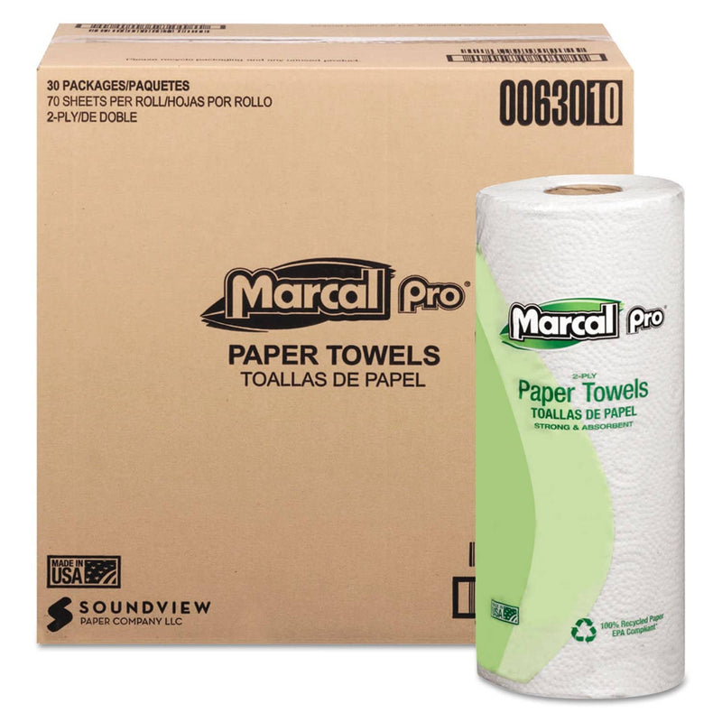 Marcal 100% Premium Recycled Towels, 2-Ply, 11 X 9, White, 70/Roll, 30 Rolls/Carton - MRC630 - TotalRestroom.com