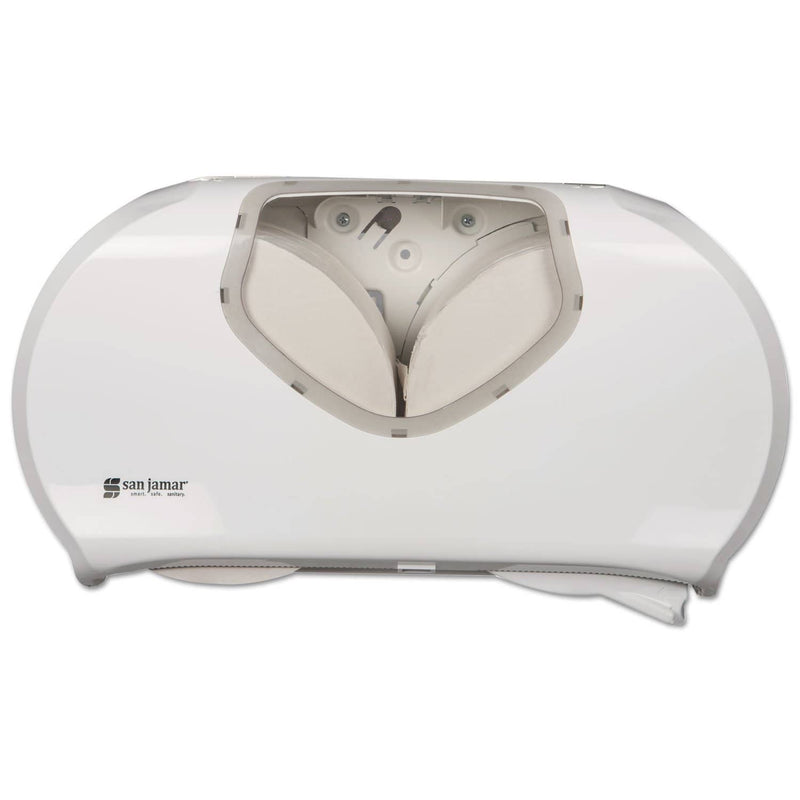 San Jamar Twin Jumbo Bath Tissue Dispenser, 19 1/4 X 6 X 12 1/4, White/Clear - SJMR4070WHCL - TotalRestroom.com