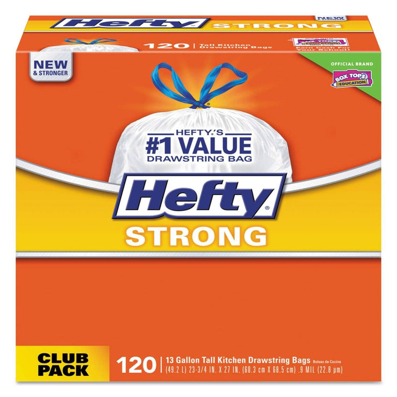 Hefty Strong Tall Kitchen Drawstring Bags, 13 Gal, 0.9 Mil, 24" X 27.75", White, 120/Box - PCTE84562 - TotalRestroom.com