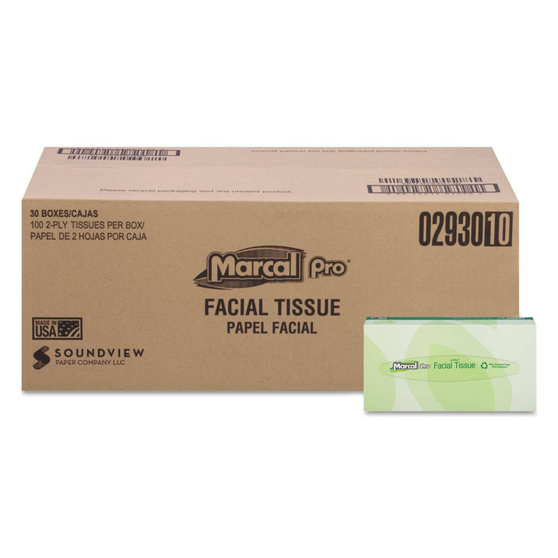 Marcal 100% Recycled Convenience Pack Facial Tissue, Septic Safe, 2-Ply, White, 100 Sheets/Box, 30 Boxes/Carton - MRC2930 - TotalRestroom.com
