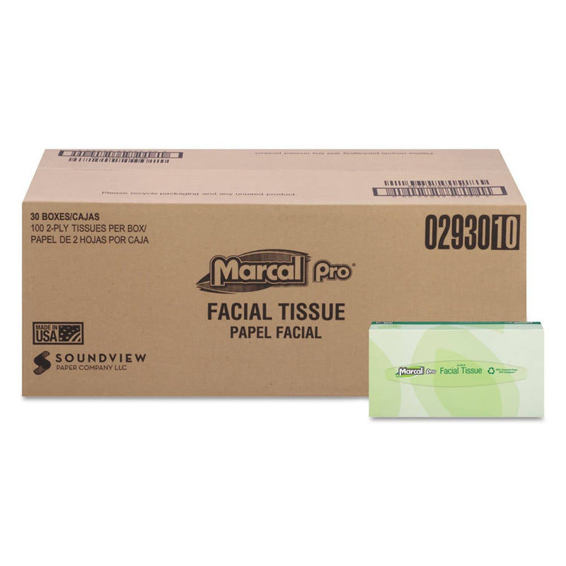 Marcal 100% Recycled Convenience Pack Facial Tissue, Septic Safe, 2-Ply, White, 100 Sheets/Box, 30 Boxes/Carton - MRC2930 - TotalRestroom.com
