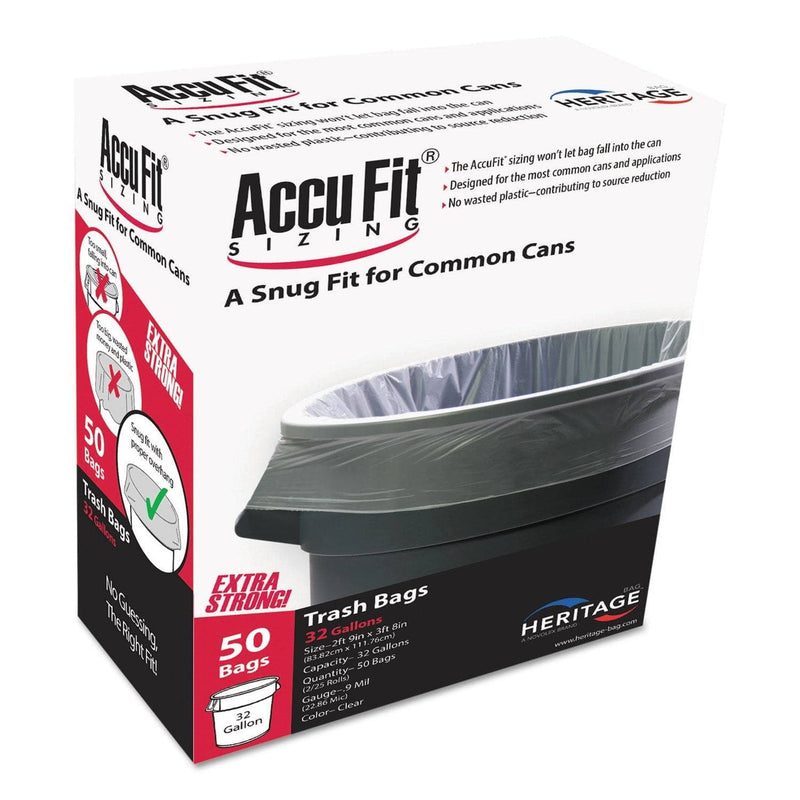 AccuFit Linear Low Density Can Liners With Accufit Sizing, 32 Gal, 0.9 Mil, 33" X 44", Clear, 50/Box - HERH6644TCRC1 - TotalRestroom.com