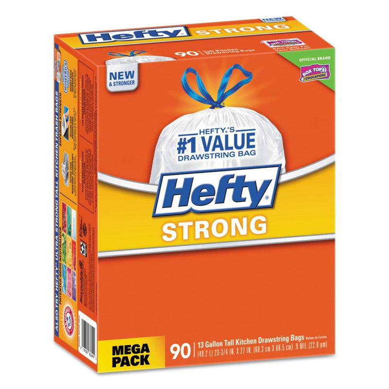 Hefty Strong Tall Kitchen Drawstring Bags, 13 Gal, 0.9 Mil, 34" X 48", White, 90/Box - RFPE84574 - TotalRestroom.com