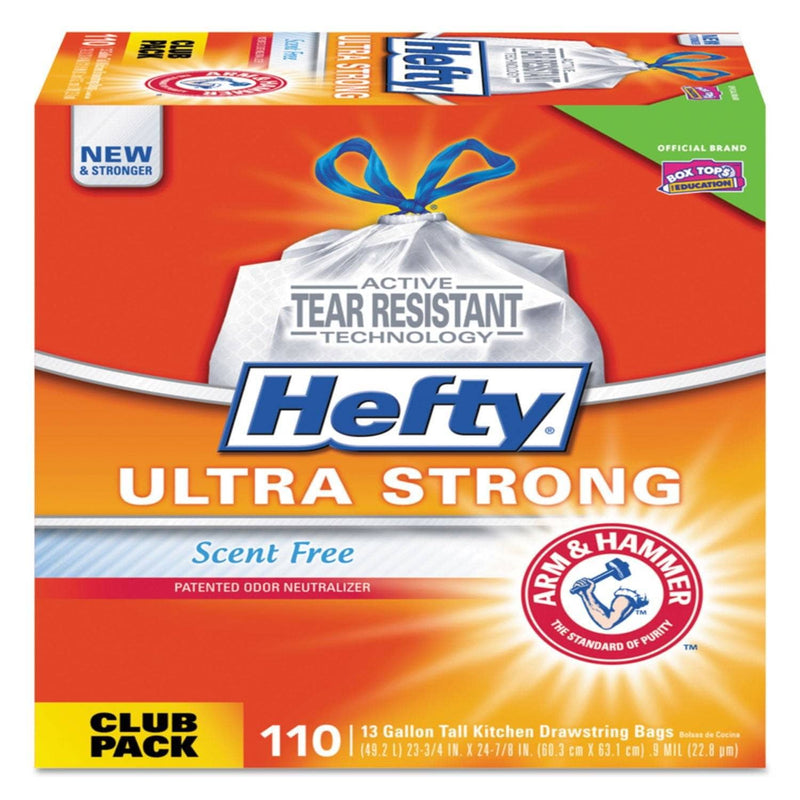 Hefty Ultra Strong Tall Kitchen and Trash Bags, 13 gal, 0.9 mil, 23.75 x 24.88, White, 330/Carton