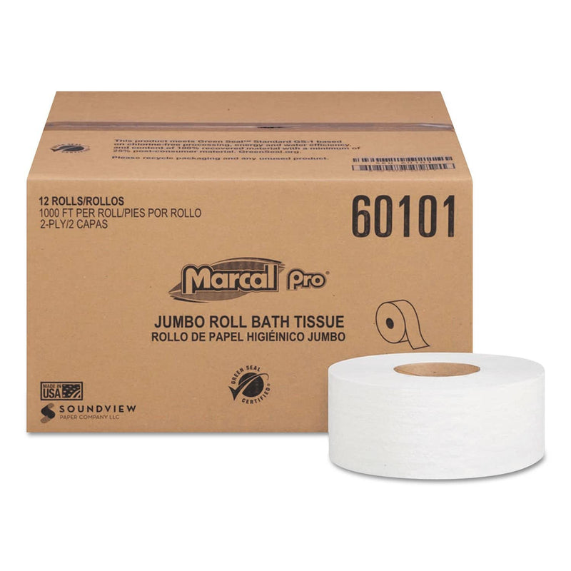 Marcal 100% Recycled Bathroom Tissue, Septic Safe, 2-Ply, White, 3.3 X 1000 Ft, 12 Rolls/Carton - MRC60101 - TotalRestroom.com