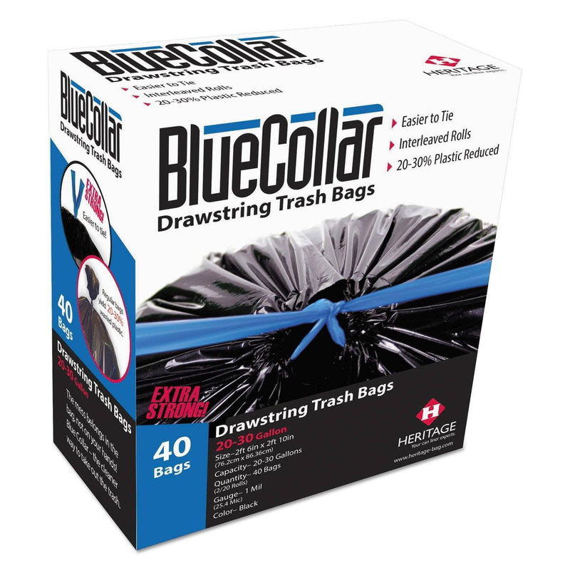 BlueCollar Drawstring Trash Bags, 30 Gal, 1 Mil, 30" X 34", Black, 40/Box - HERN6034YKRC1 - TotalRestroom.com