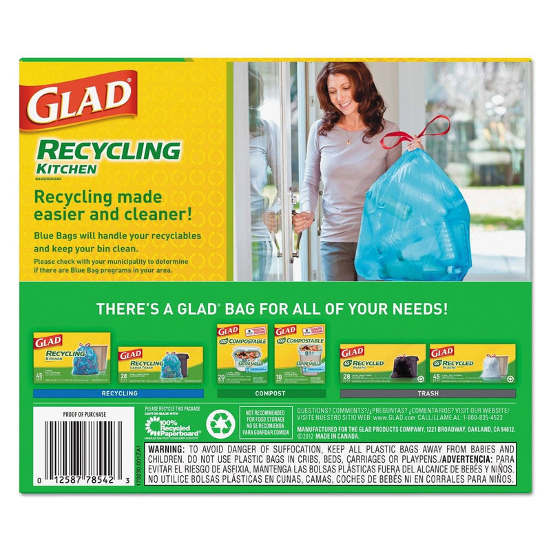 Glad Tall Kitchen Blue Recycling Bags, 13 Gal, 0.9 Mil, Blue, 180