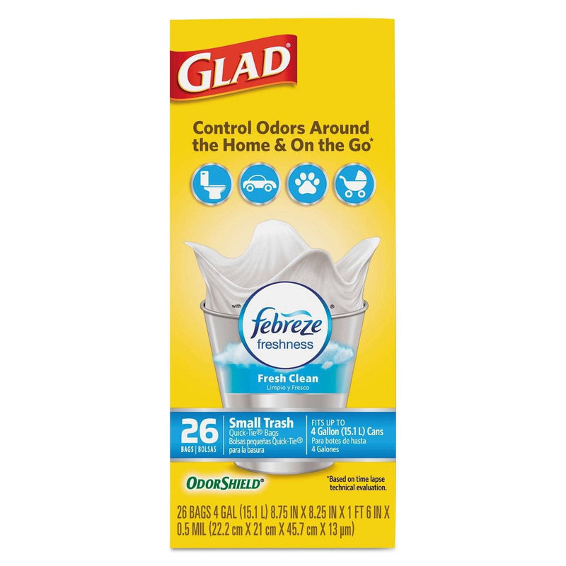Glad Odorshield Quick-Tie Small Trash Bags, 4 Gal, 0.5 Mil, 8" X 18", White, 156/Carton - CLO78812 - TotalRestroom.com