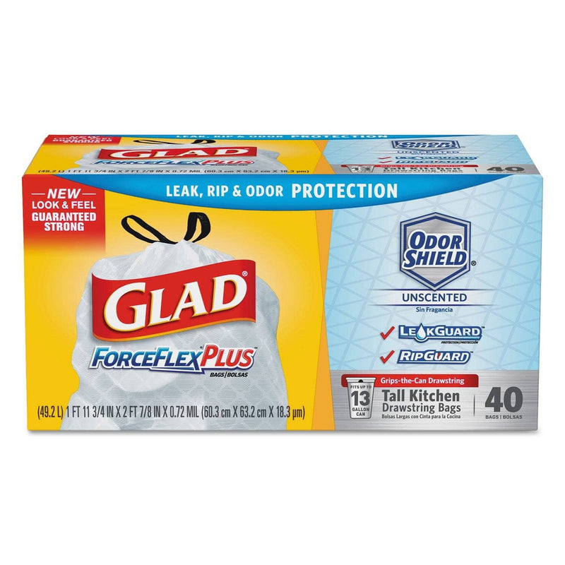 Glad Tall Kitchen Drawstring Trash Bags, 13 Gal, 0.72 Mil, 23.75" X 24.88", White, 240/Carton - CLO79008 - TotalRestroom.com