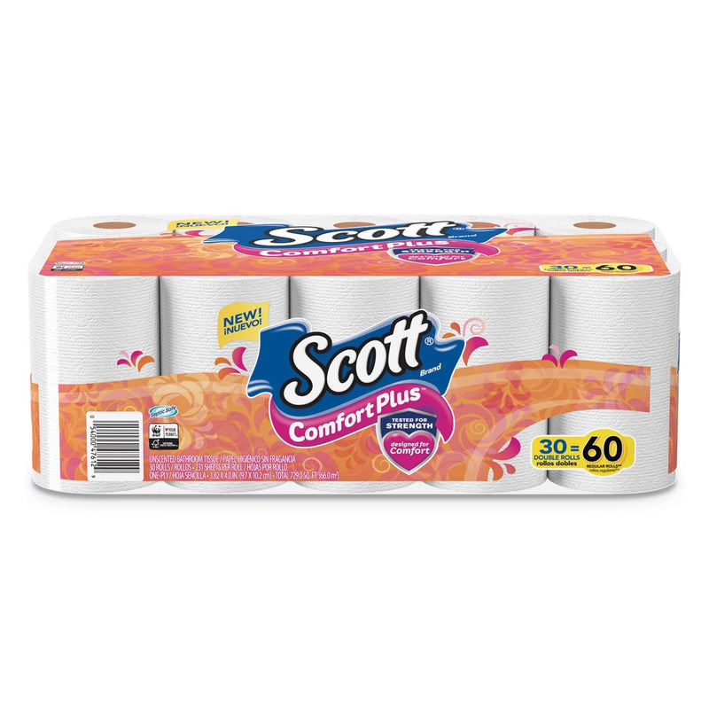 Scott Comfortplus Toilet Paper, Double Roll, Bath Tissue, Septic Safe, 1-Ply, White, 231 Sheets/Roll, 30 Rolls/Pack - KCC47612 - TotalRestroom.com
