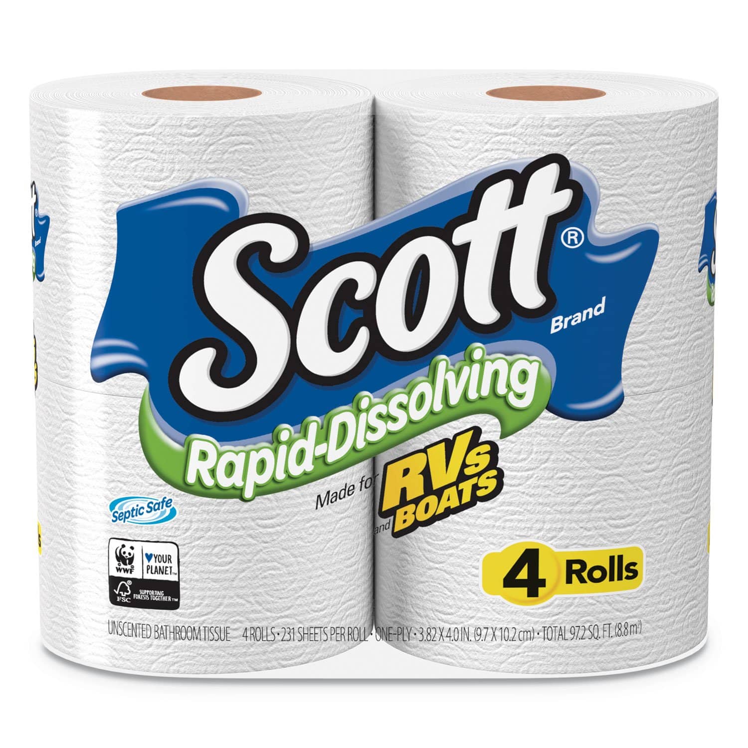 Scott Rapid-Dissolving Toilet Paper, Bath Tissue, Septic Safe, 1-Ply, White, 231 Sheets/Roll, 4/Rolls/Pack, 12 Packs/Carton - KCC47617 - TotalRestroom.com