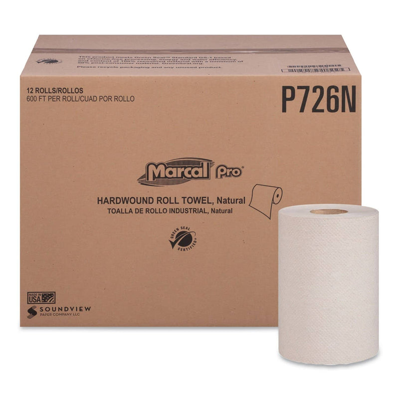 Marcal Hardwound Roll Paper Towels, 1-Ply, 7 7/8" X 600Ft, 12 Rolls/Pack,12 Pack/Carton - MRCP726N - TotalRestroom.com