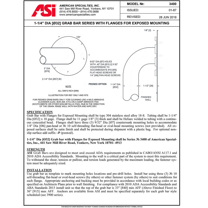 ASI 3401-18  (18 x 1.25)  Commercial Grab Bar, 1-1/4" Diameter x 18" Length, Exposed-Mounted, Stainless Steel