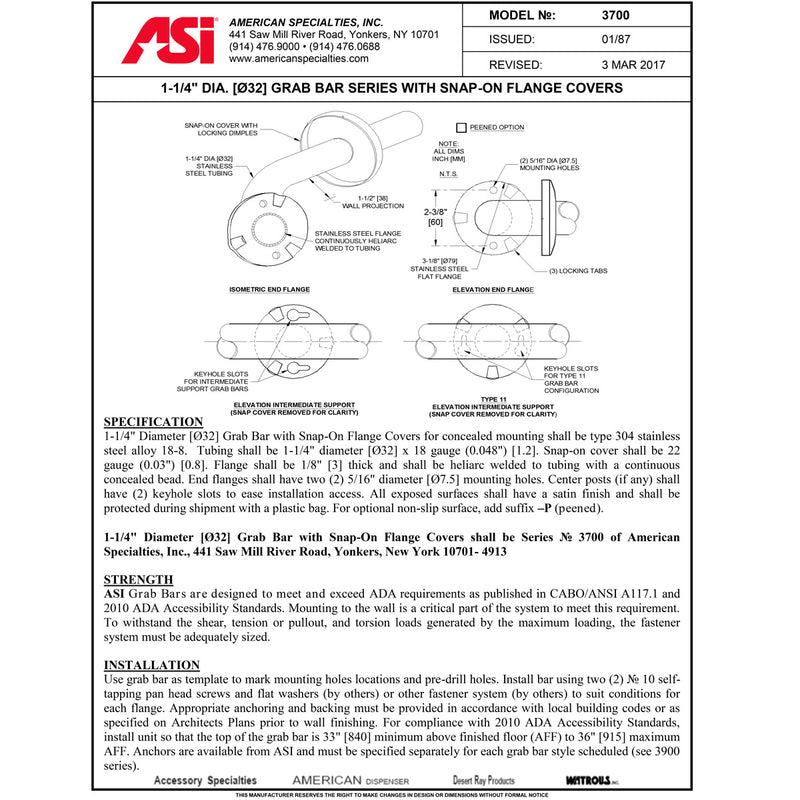 ASI 3701-36  (36 x 1.25)  Commercial Grab Bar, 1-1/4" Diameter x 36" Length, Stainless Steel