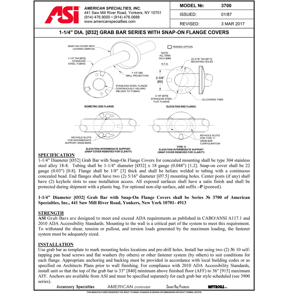 ASI 3701-12 (12 x 1.25) Commercial Grab Bar, 1-1/4" Diameter x 12" Length, Stainless Steel