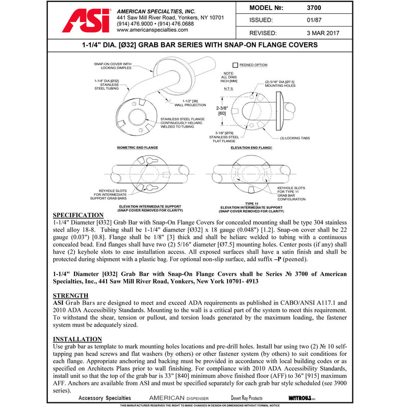 ASI 3701-42P (42 X 1.25) Commercial Grab Bar, 1-1/4" Diameter x 42" Length, Stainless Steel (Peened)
