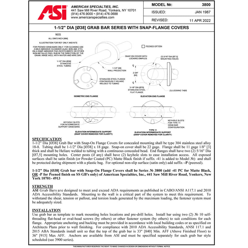 ASI 3802-54P (54 x 1.5) Commercial Grab Bar, 1-1/2" Diameter x 54" Length, Stainless Steel