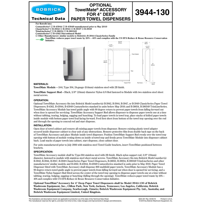 3944 Bobrick B-3944-130 Towelmate | TotalRestroom.com