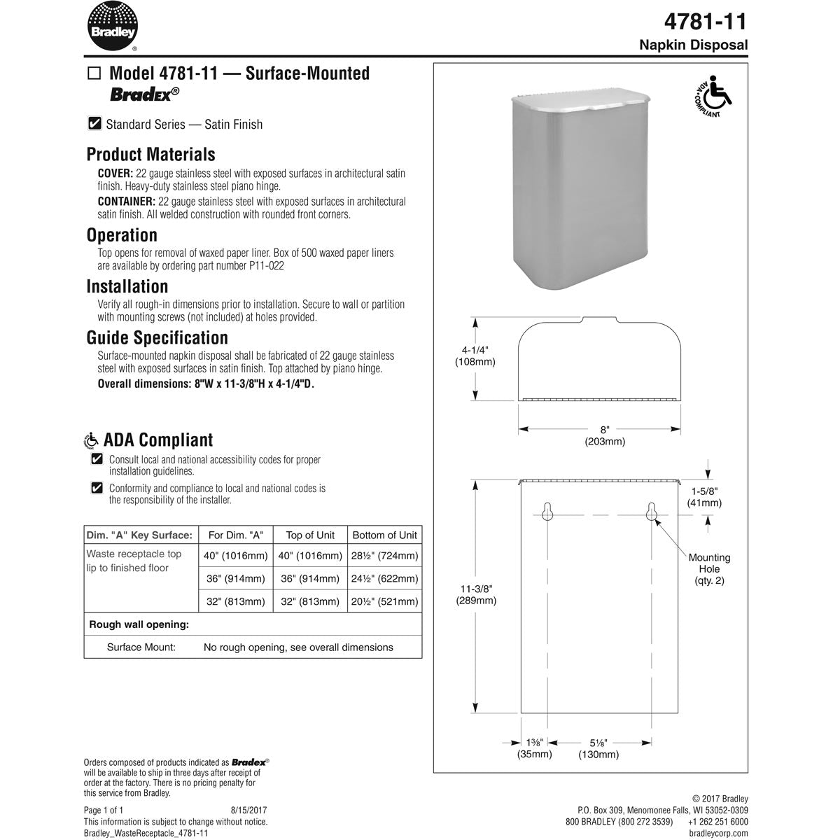 Bradley BX-4781-11 Commercial Restroom Sanitary Napkin Disposal, Surface-Mounted, Stainless Steel