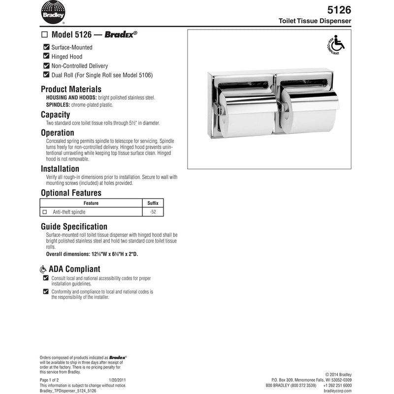 Bradley 5126-000000 Commercial Toilet Paper Dispenser, Surface-Mounted, Stainless Steel w/ Bright-Polished Finish