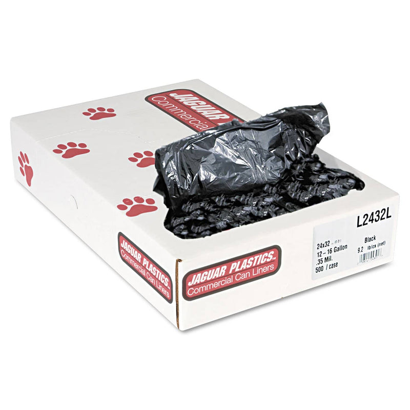 Jaguar Industrial Strength Low-Density Commercial Can Liners, 16 Gal, 0.35 Mil, 24" X 32", Black, 500/Carton - JAGL2432L - TotalRestroom.com