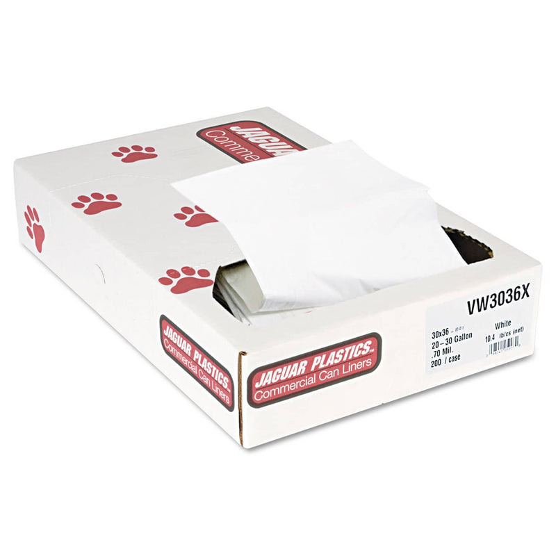 Jaguar Industrial Strength Low-Density Commercial Can Liners, 30 Gal, 0.7 Mil, 30" X 36", White, 200/Carton - JAGVW3036X - TotalRestroom.com