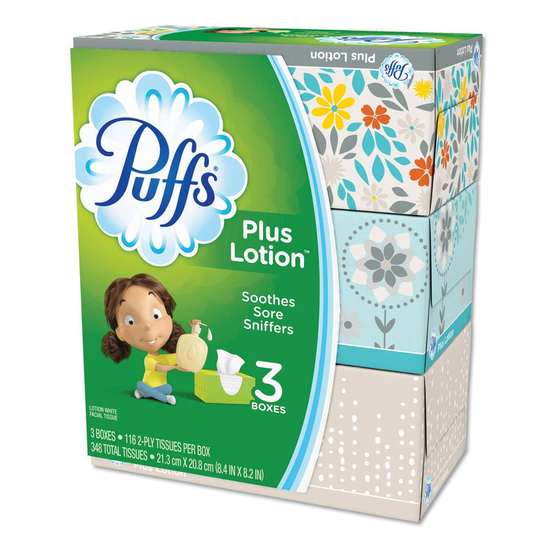 Puffs Plus Lotion Facial Tissue, White, 2-Ply, 116 Sheets/Box, 3 Boxes/Pack - PGC82086 - TotalRestroom.com