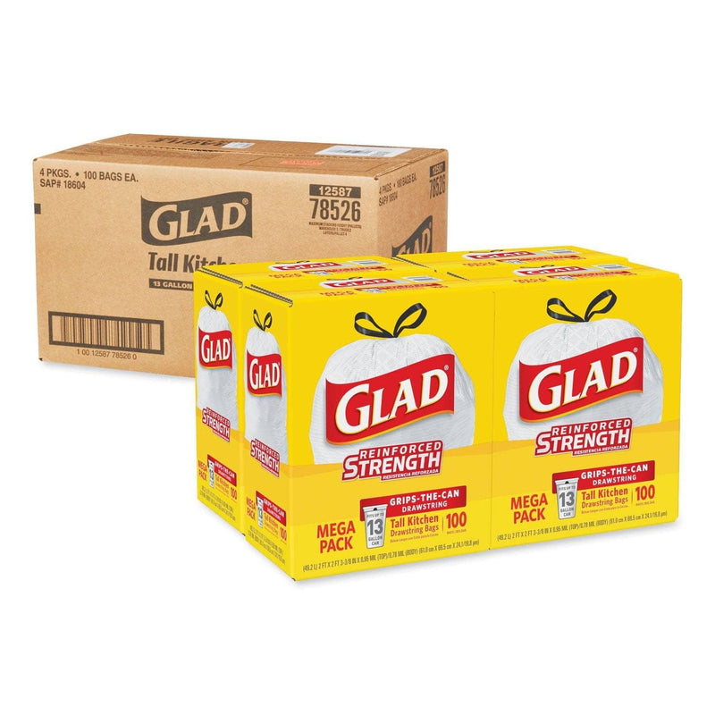 Glad Tall Kitchen Drawstring Trash Bags, 13 Gal, 0.95 Mil, 24" X 27.38", Gray, 400/Carton - CLO78526CT - TotalRestroom.com