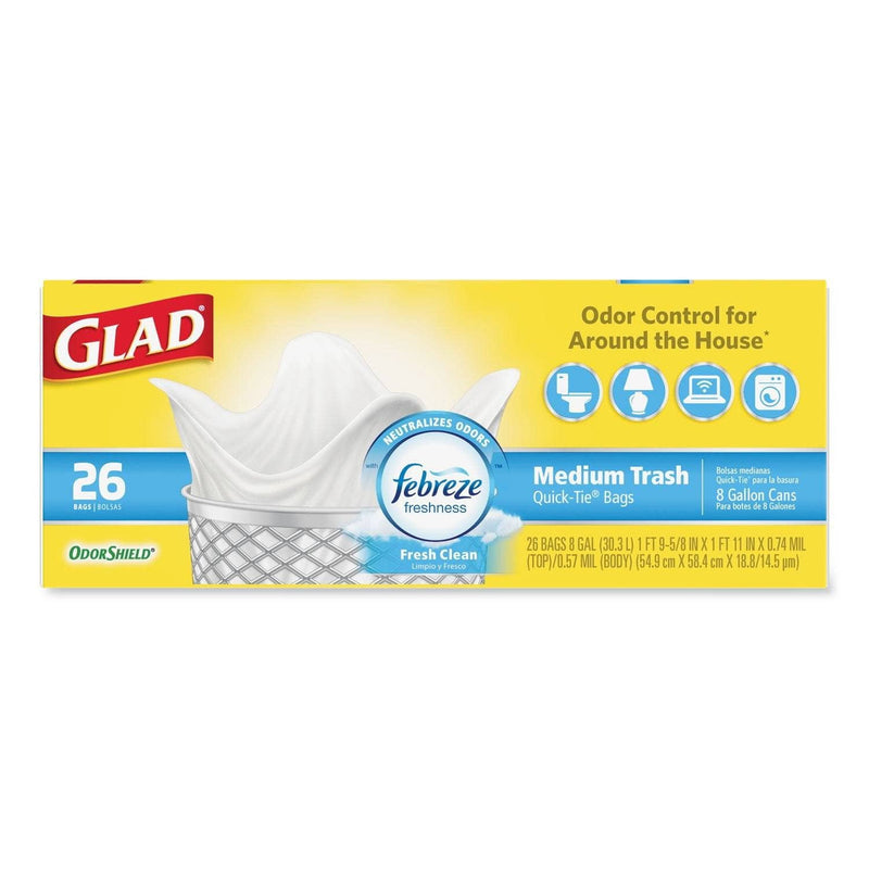 Glad Odorshield Medium Quick-Tie Trash Bags, 8 Gal, 0.57 Mil, 21.63" X 23", White, 156/Carton - CLO78815CT - TotalRestroom.com