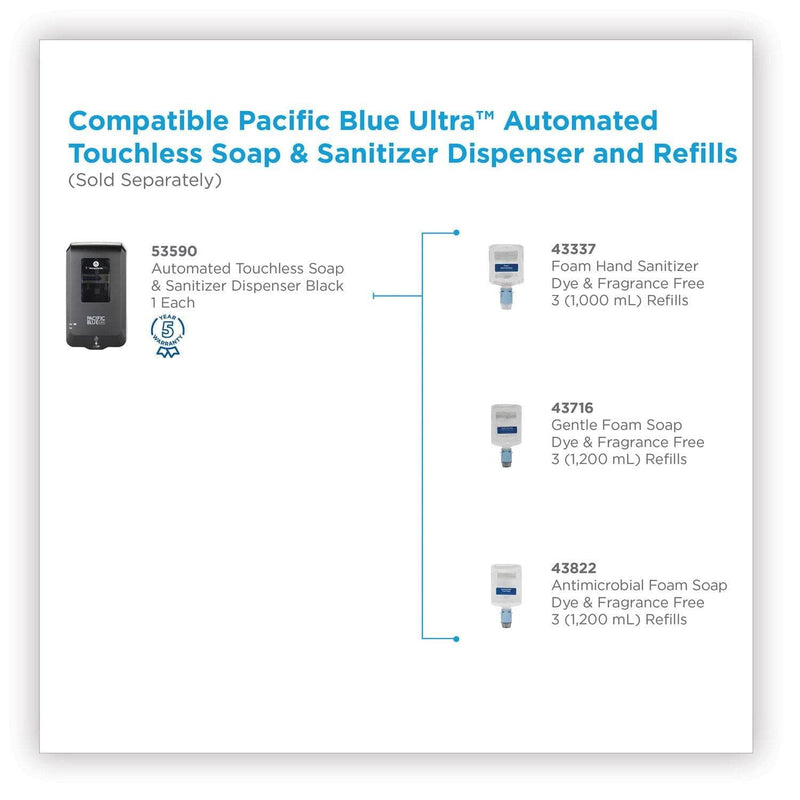 Georgia Pacific Pacific Blue Ultra Automated Touchless Liquid Soap/Sanitizer Dispenser, 1000 Ml, 6.54" X 11.72" X 4", Black - GPC53590 - TotalRestroom.com